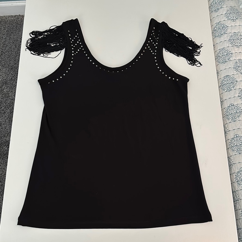 Dots Black Tank Top with Fringe and Stud Detail
